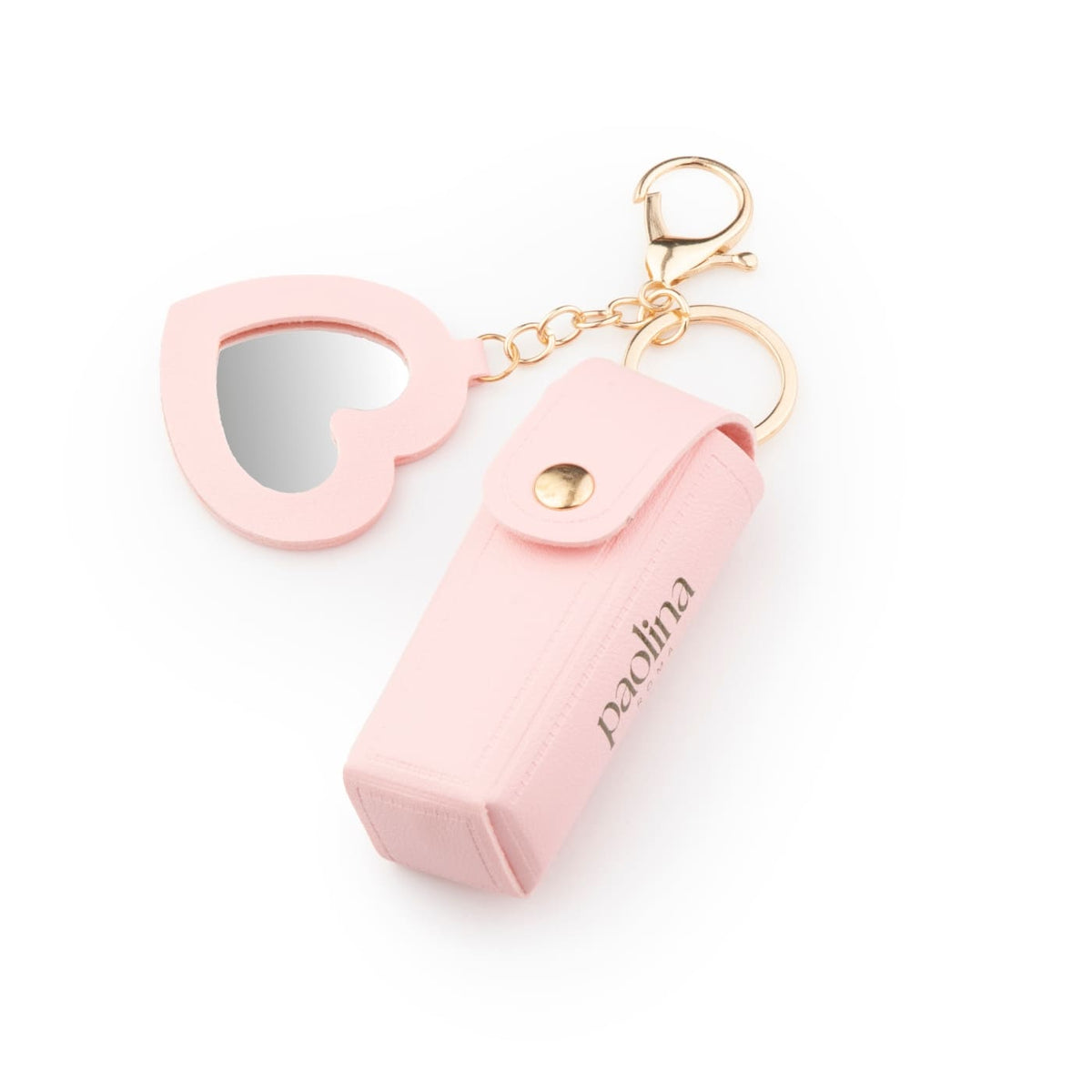 Paolina Roma pink lipstick holder with mini mirror and keychain, signature Paolina print