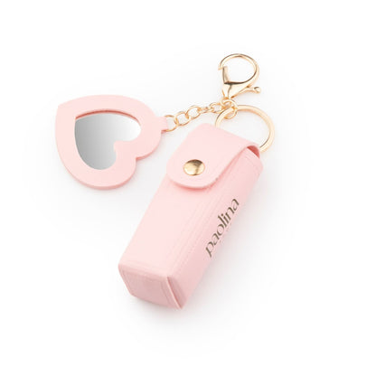 Paolina Roma pink lipstick holder with mini mirror and keychain, signature Paolina print
