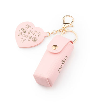 Paolina Roma pink lipstick holder with mini mirror and keychain, signature Paolina print