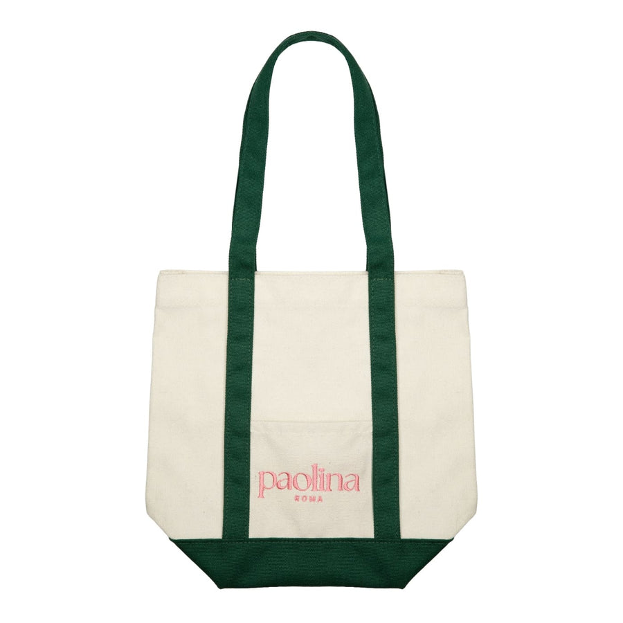 Paolina Roma Weekend canvas tote bag, dark green with signature pink logo
