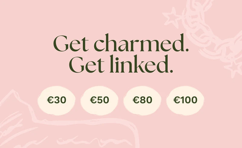 Paolina Roma gift card, back: Get charmed. Get linked. With the amounts 30, 50, 80 and 100 euro