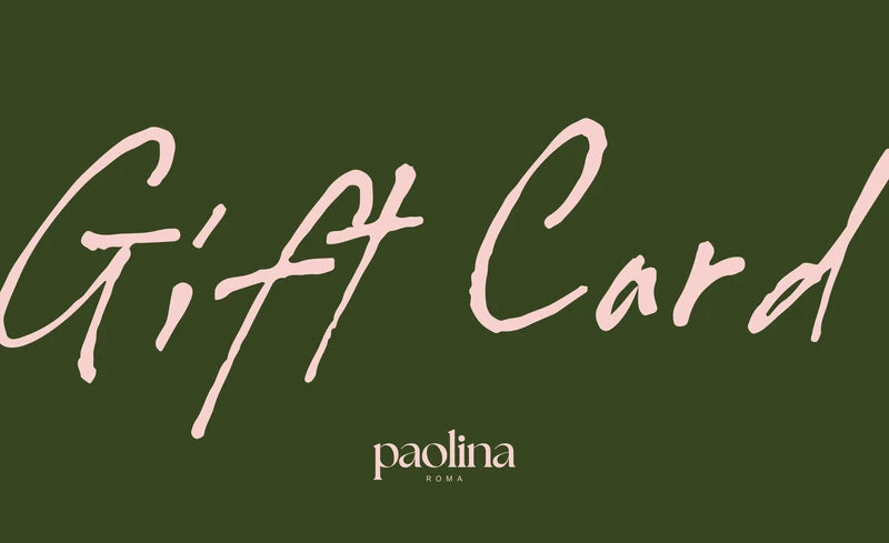Paolina Roma gift card, front: Gift Card in pink script on dark green
